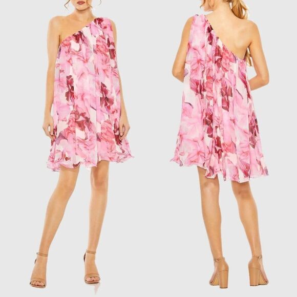 Mac Duggal Size 2 Pink White‎ Floral Print Chiffon One Shoulder Mini Party Dress - Picture 7 of 8